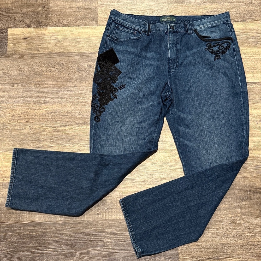 Lauren Ralph Lauren Blue Jeans with Black Embroidery with Beads